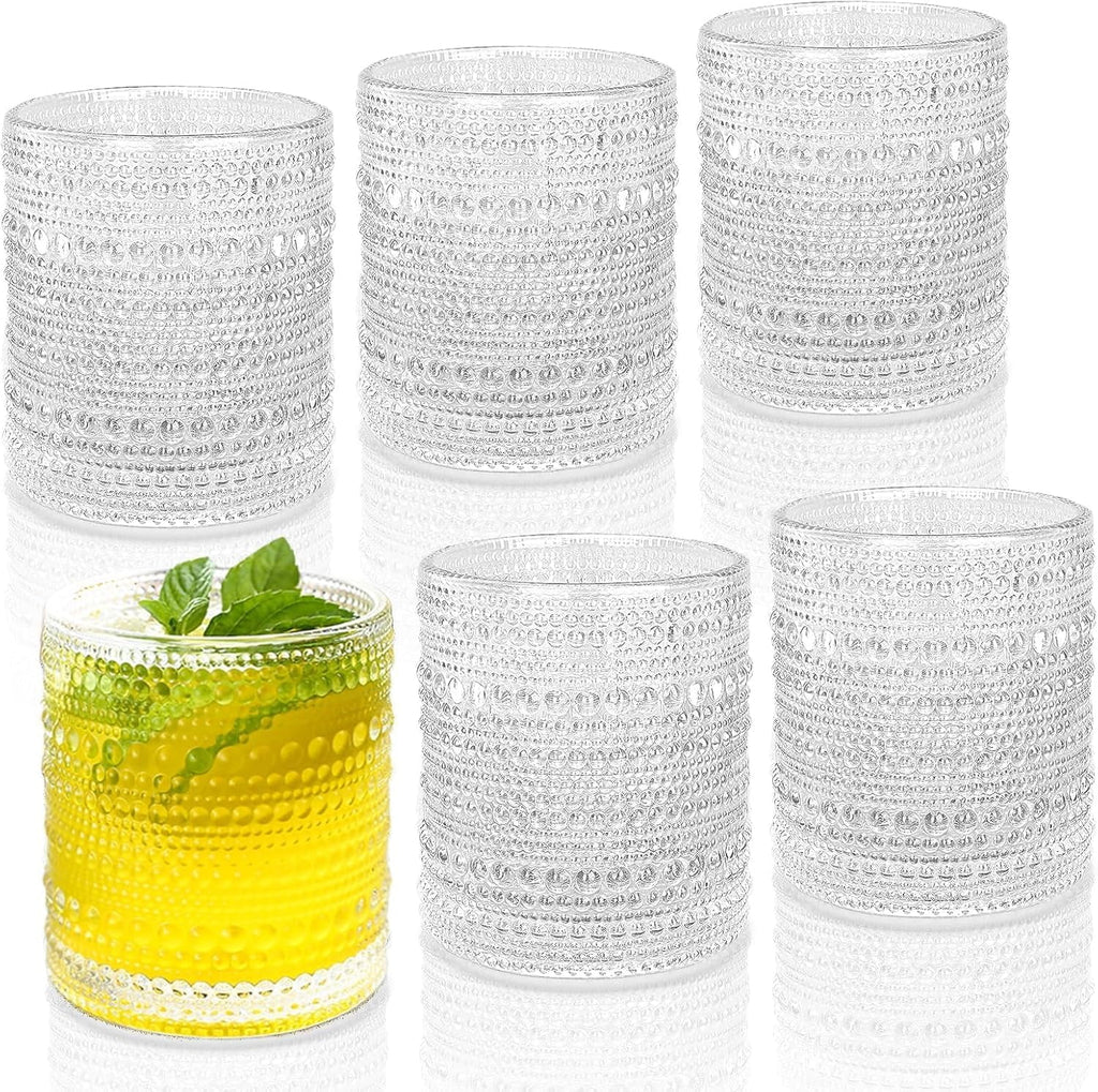 KitchenKey Cocktail Glasses 10 oz Hobnail Drinking Glasses Set of 6, Vintage Glassware, Textured Glass Cups Bubble Glasses Water Glasses Old Fashion Jupiter Glasses Set, Green
