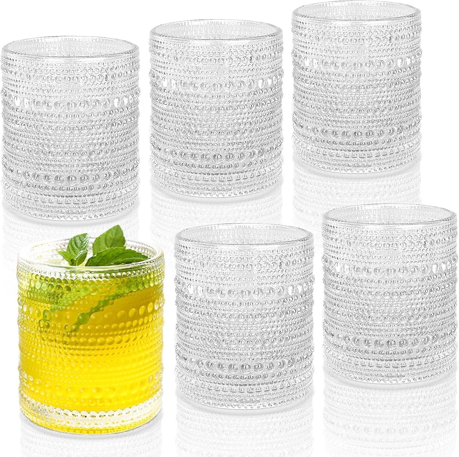 KitchenKey Cocktail Glasses 10 oz Hobnail Drinking Glasses Set of 6, Vintage Glassware, Textured Glass Cups Bubble Glasses Water Glasses Old Fashion Jupiter Glasses Set, clear
