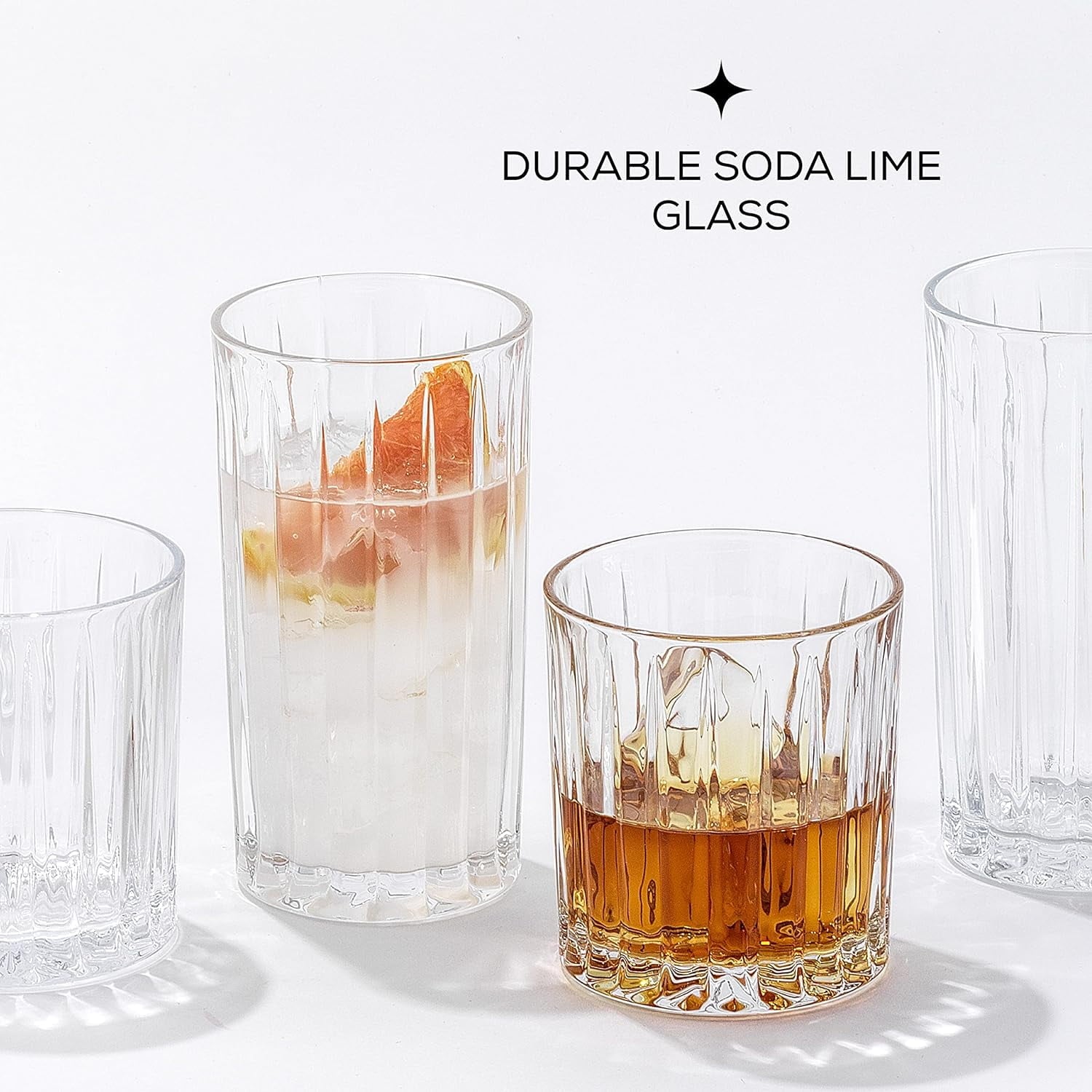 JoyJolt Alina Clear Ribbed Glass Drinking Glass Set, Highball Glasses and Tumbler Glasses - Set of 8