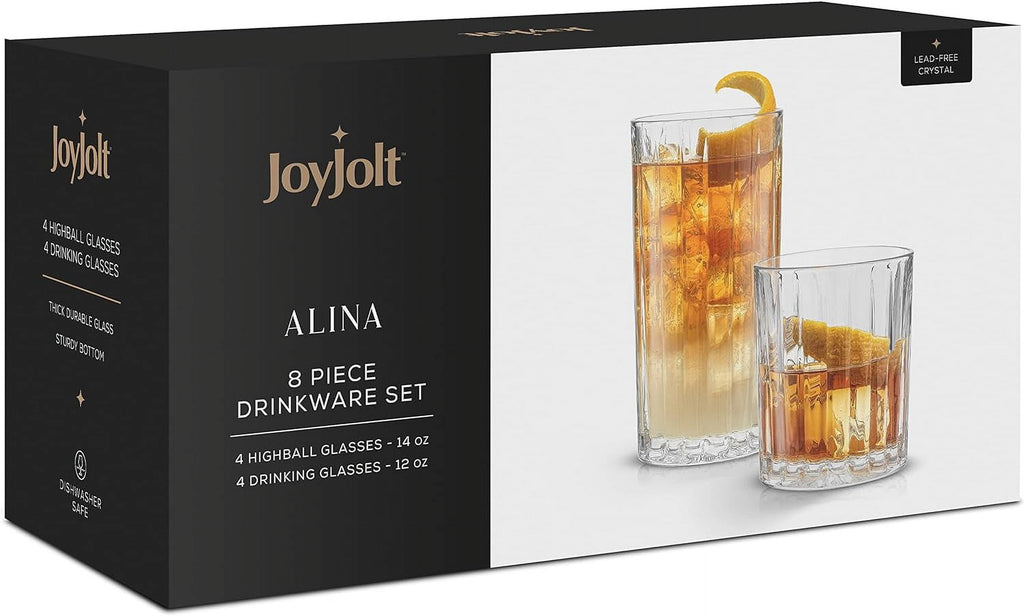JoyJolt Alina Clear Ribbed Glass Drinking Glass Set, Highball Glasses and Tumbler Glasses - Set of 8