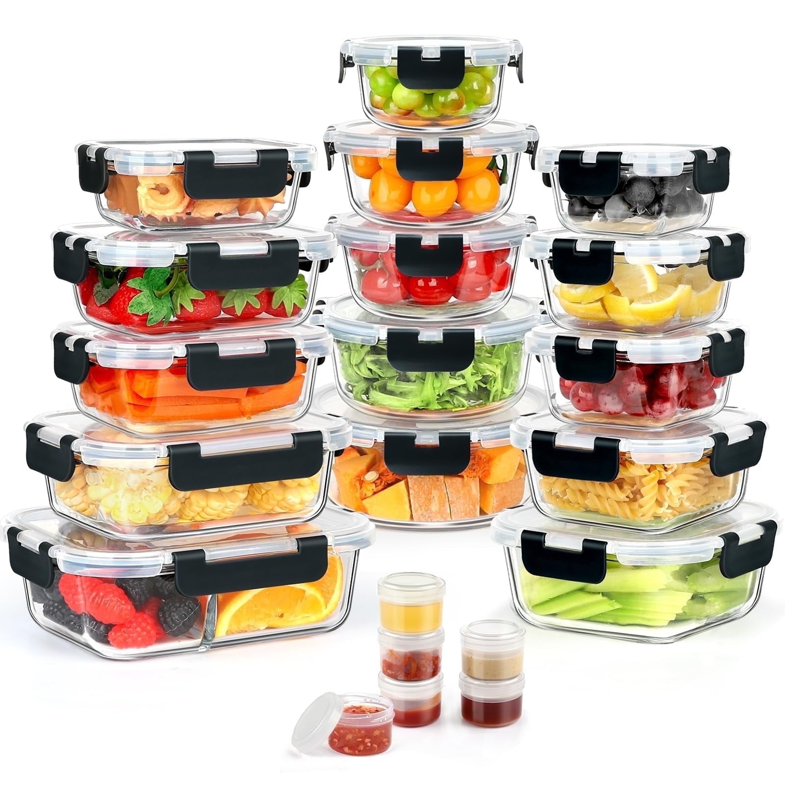 TAIMASI 42 Pcs Glass Food Storage Containers Set with Snap Locking Lids, 21 Containers & 21 Lids, Glass Meal Prep Lunch Box Containers, Black