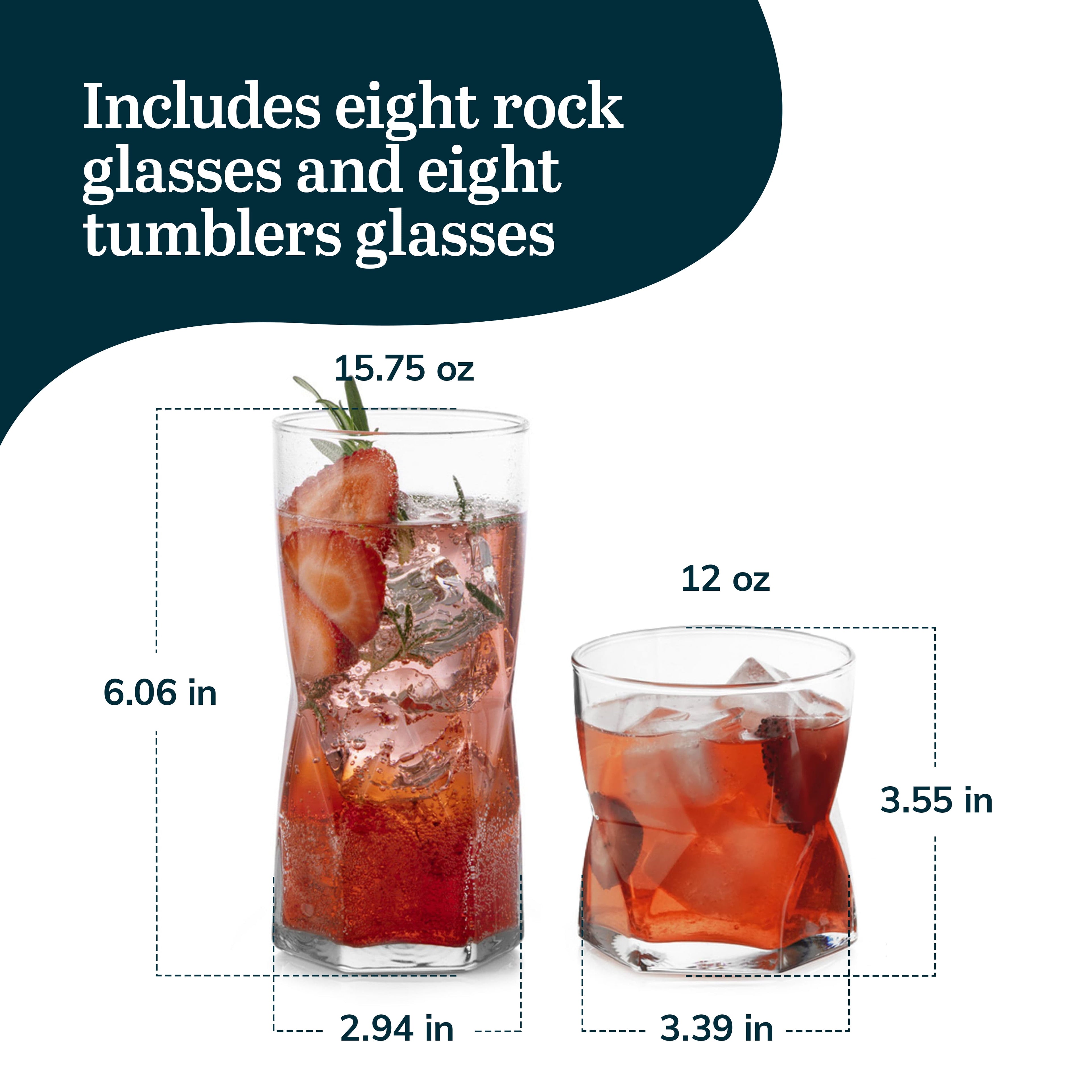 Libbey Rhombus Tumbler and Rocks Drinking Glasses Set of 16, Fun Geometric Glass Cups Set, Kitchen Glasses Set for Cocktails, Water, and Everyday Use