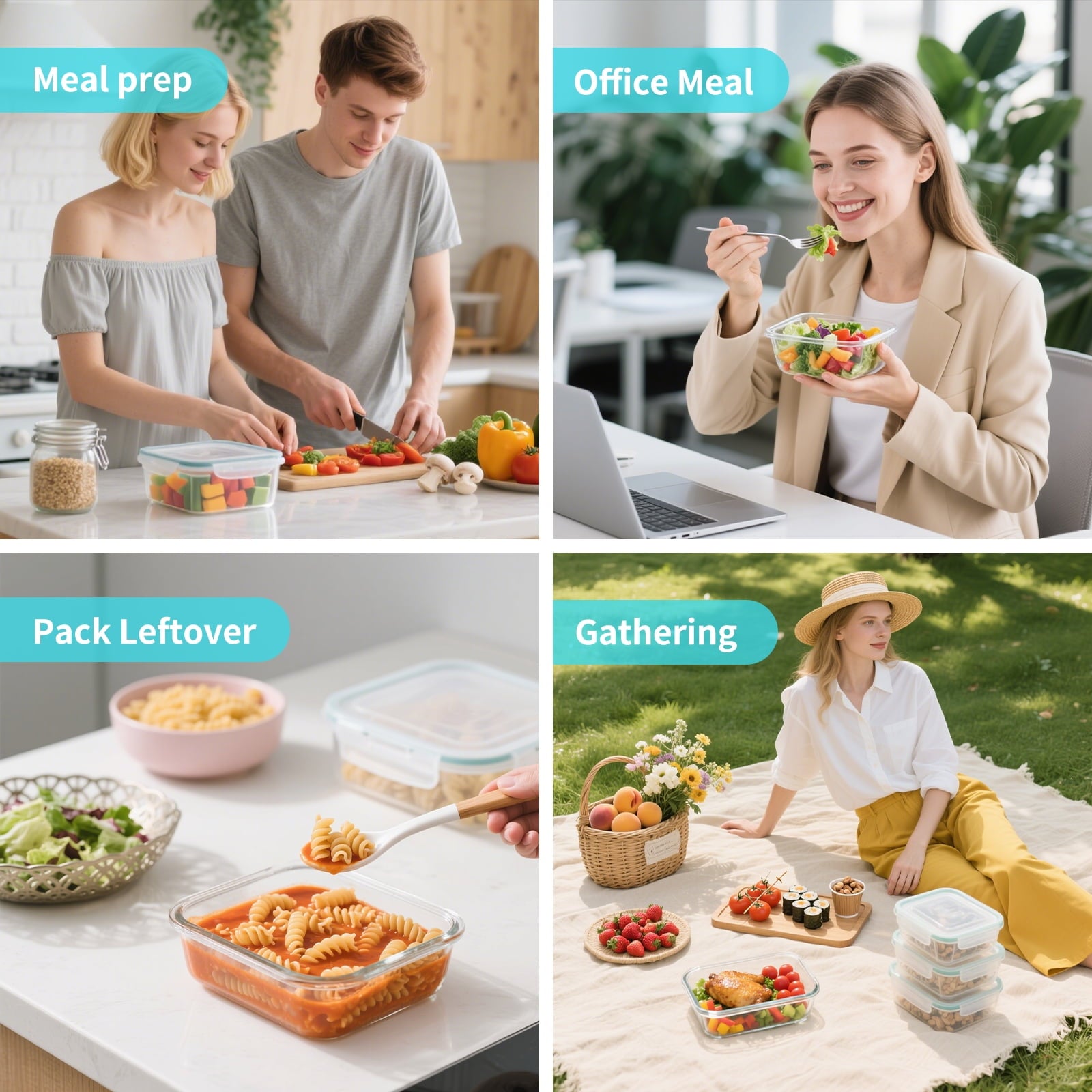 WhiteRhino 15 Packs Glass Food Storage Container with Lids,Stackable Square Meal Prep Containers for Kitchen,Round Glass Lunch Box