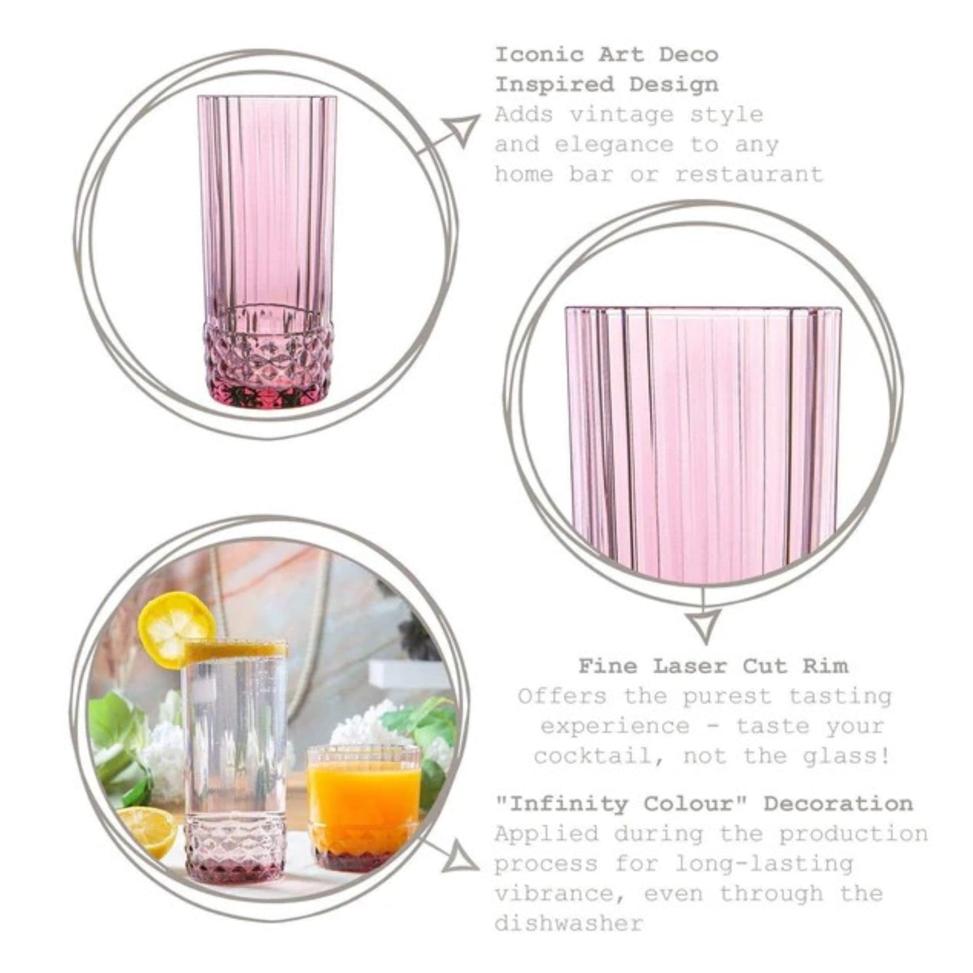 Bormioli Rocco America '20s Long Drink Glass, Set of 6 - Lilac Rose, 16.25 oz.