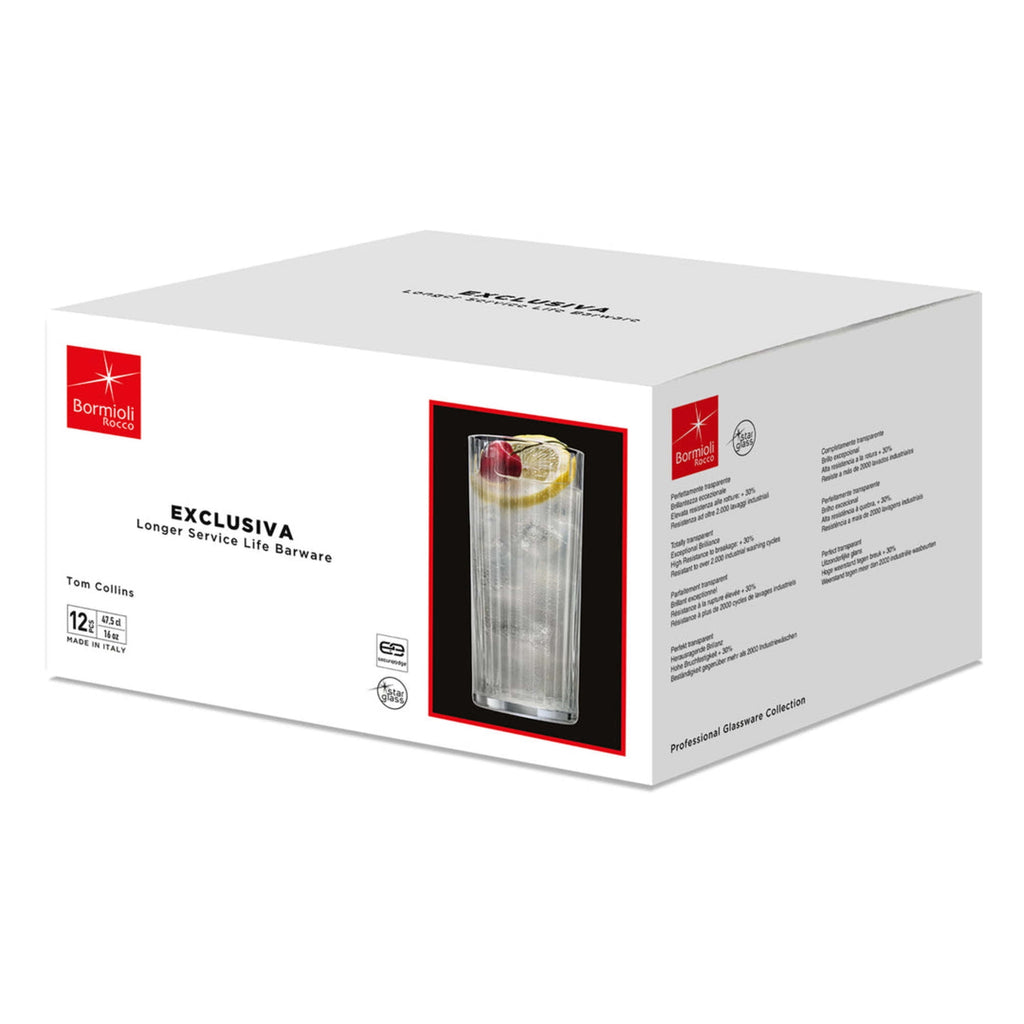 Bormioli Rocco Exclusiva Tom Collins Glasses - Set of 12, Laser Cut Thin Rim, Secure Edge Thermal Strong Rims - 16oz Star Glass Tumblers for Cocktails, Water & Beverages, Made in Italy, Lead-Free