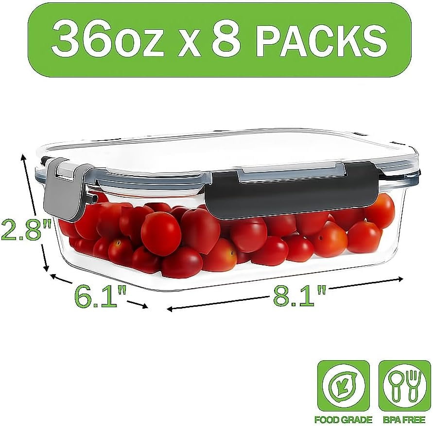 TAIMASI 16 Pcs Glass Food Storage Containers Set, 36oz Large  Glass Meal Prep Containers with Leak Proof Snap Lock Lids, Airtight Bento lunch Boxes, Black