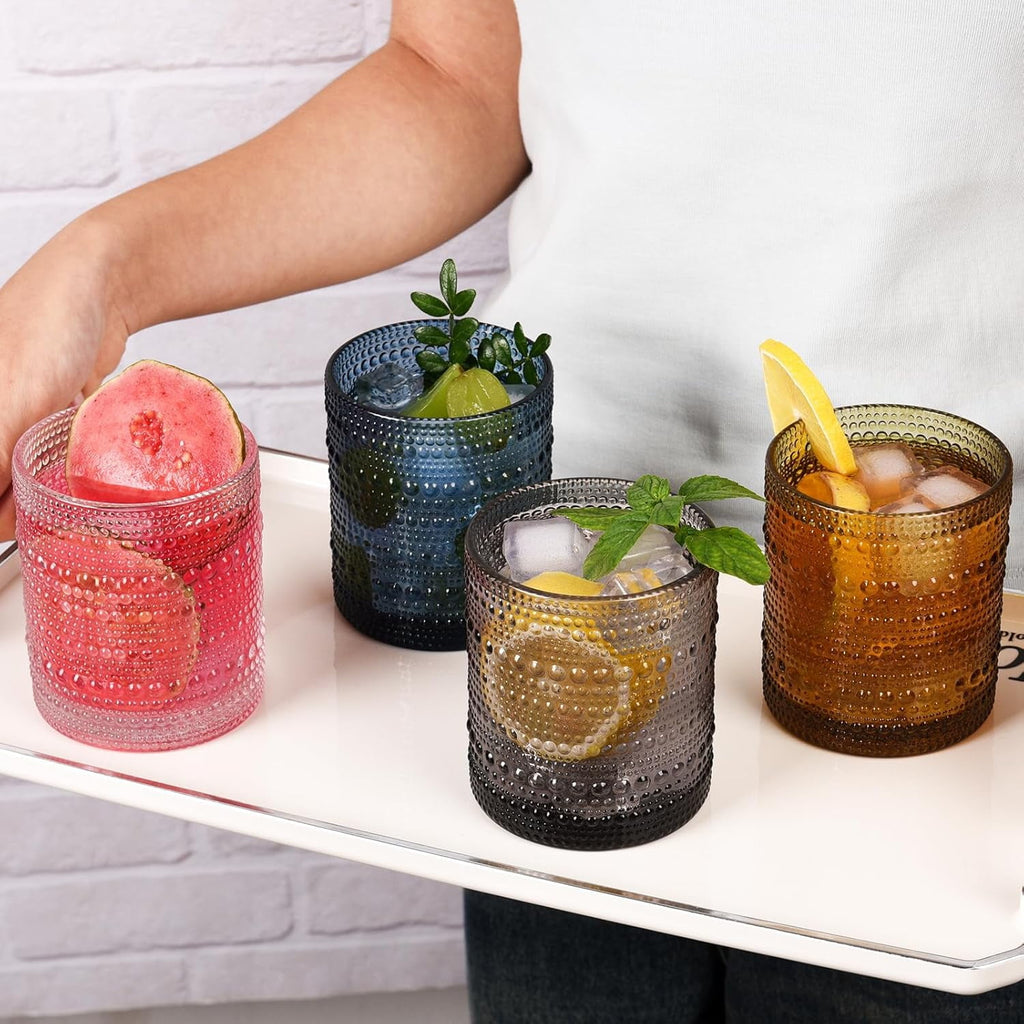 KitchenKey Cocktail Glasses 10 oz Hobnail Drinking Glasses Set of 6, Vintage Glassware, Textured Glass Cups Bubble Glasses Water Glasses Old Fashion Jupiter Glasses Set, Green