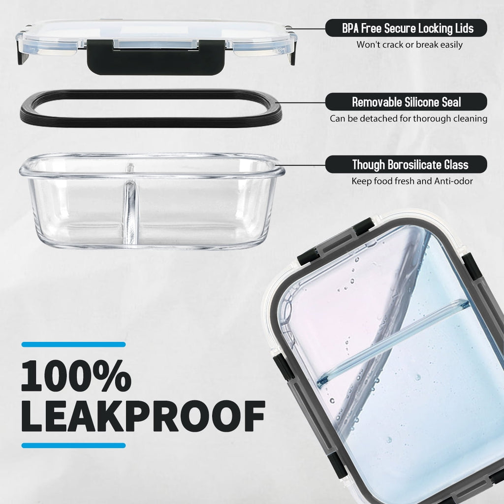 TAIMASI 42 Pcs Glass Food Storage Containers Set with Snap Locking Lids, 21 Containers & 21 Lids, Glass Meal Prep Lunch Box Containers, Black