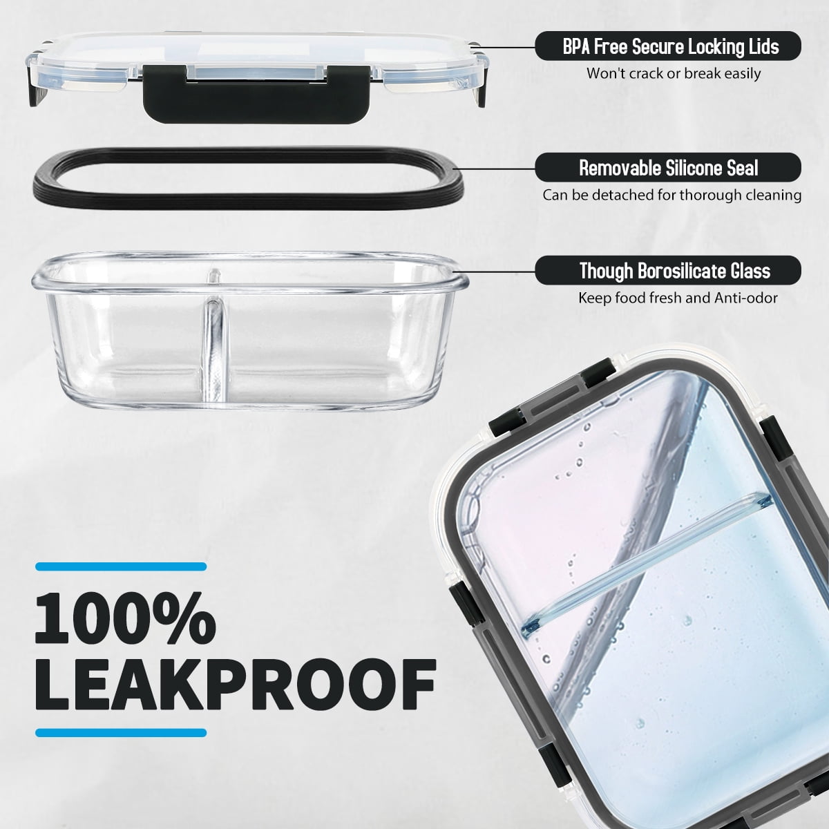 TAIMASI 42 Pcs Glass Food Storage Containers Set with Snap Locking Lids, 21 Containers & 21 Lids, Glass Meal Prep Lunch Box Containers, Black