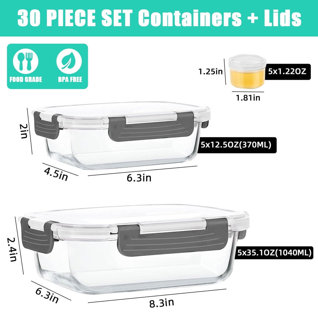 30 Pcs Glass Food Storage Containers with Lids, Glass Airtight Meal Prep Container Set for Lunch, Kitchen Pantry Organizers and Storage, Leak Proof, Gray