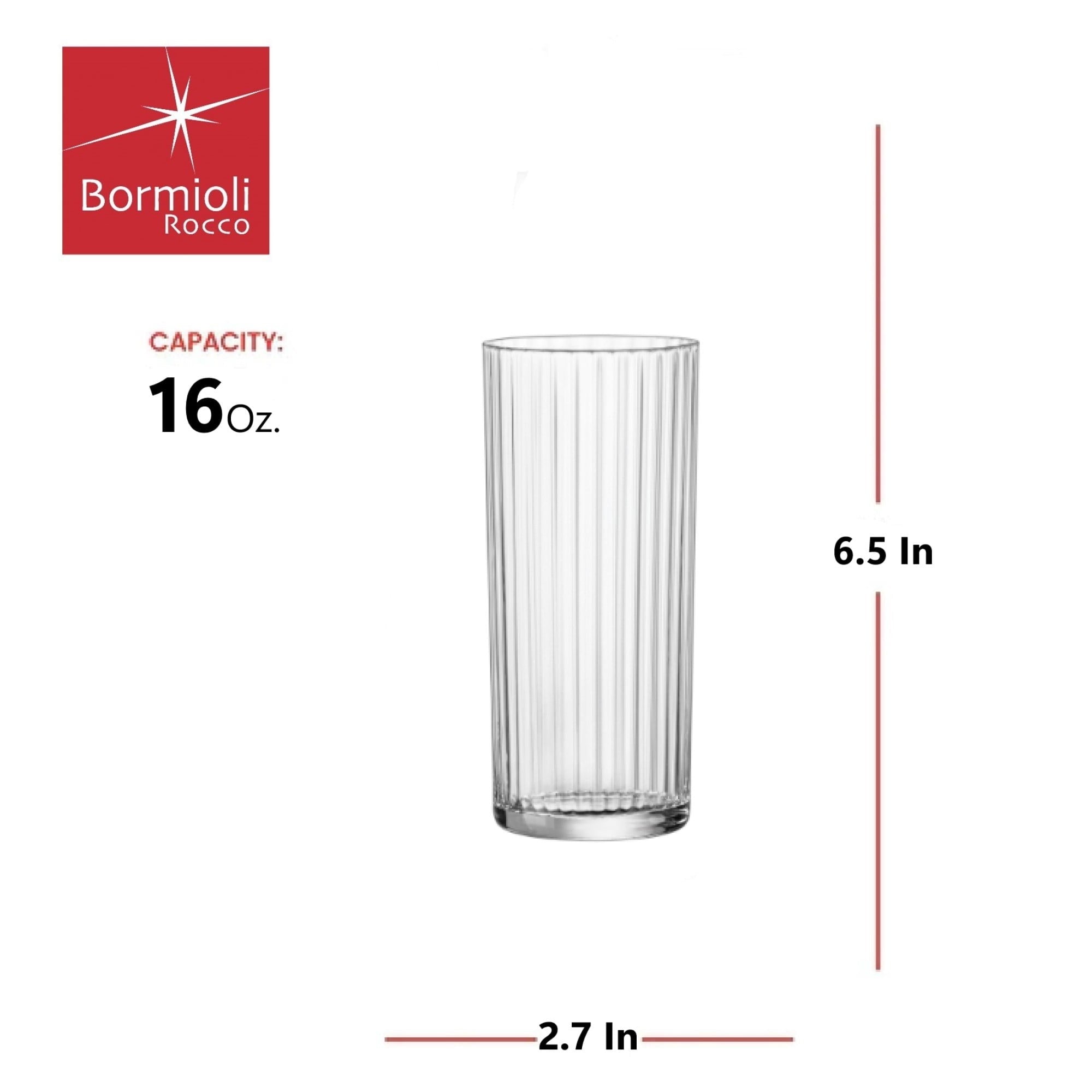 Bormioli Rocco Exclusiva Tom Collins Glasses - Set of 12, Laser Cut Thin Rim, Secure Edge Thermal Strong Rims - 16oz Star Glass Tumblers for Cocktails, Water & Beverages, Made in Italy, Lead-Free