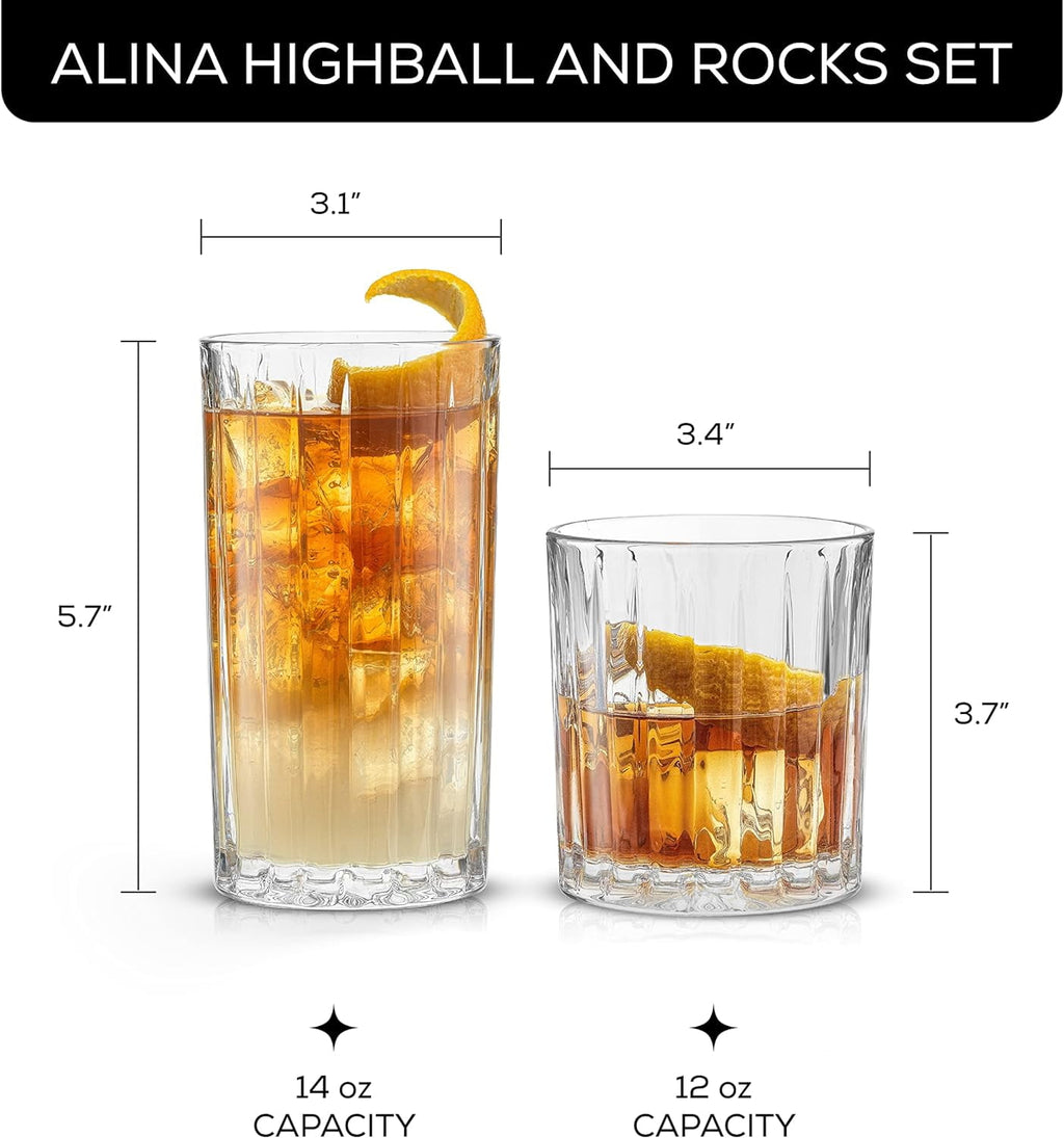 JoyJolt Alina Clear Ribbed Glass Drinking Glass Set, Highball Glasses and Tumbler Glasses - Set of 8