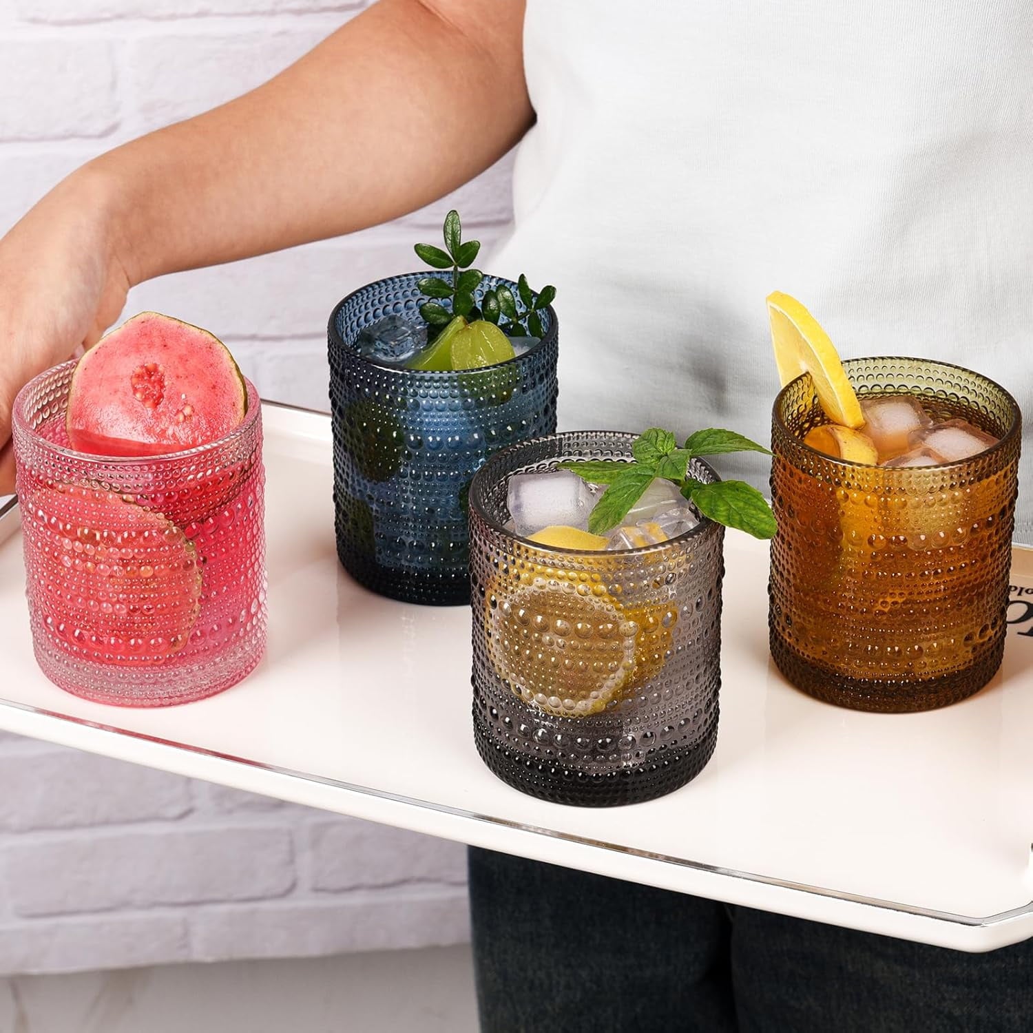 KitchenKey Cocktail Glasses 10 oz Hobnail Drinking Glasses Set of 6, Vintage Glassware, Textured Glass Cups Bubble Glasses Water Glasses Old Fashion Jupiter Glasses Set, Green