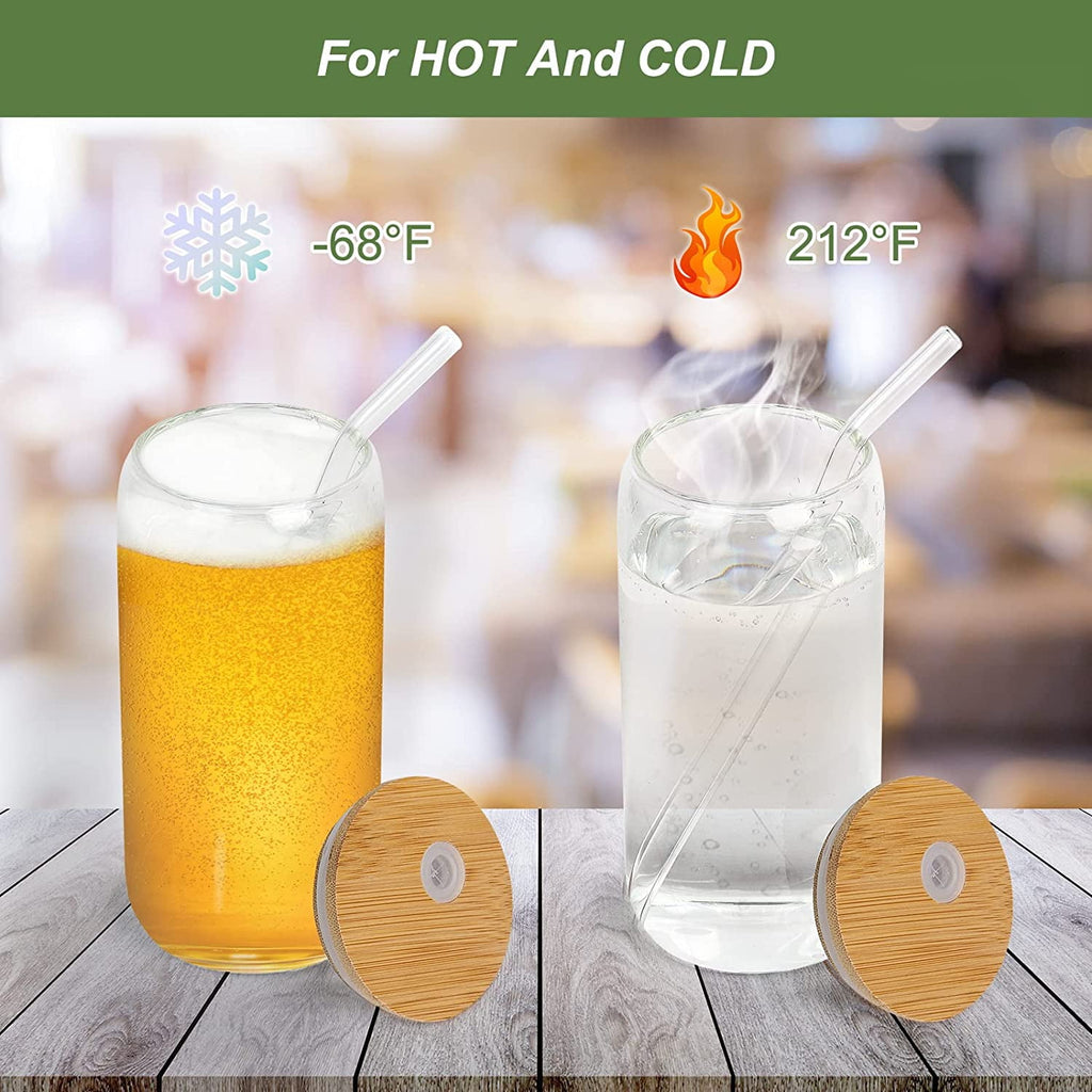 AYAOQIANG 8pcs Glass Cups with Bamboo Lids and Glass Straws, 16oz Drinking Glasses Can Shaped Glass Cups, Beer Glasses, Iced Coffee Glasses with 2 Cleaning Brushes