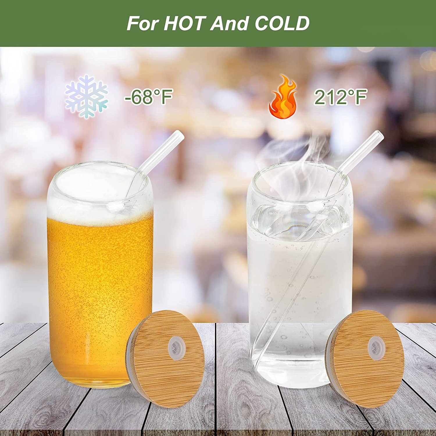 AYAOQIANG 8pcs Glass Cups with Bamboo Lids and Glass Straws, 16oz Drinking Glasses Can Shaped Glass Cups, Beer Glasses, Iced Coffee Glasses with 2 Cleaning Brushes