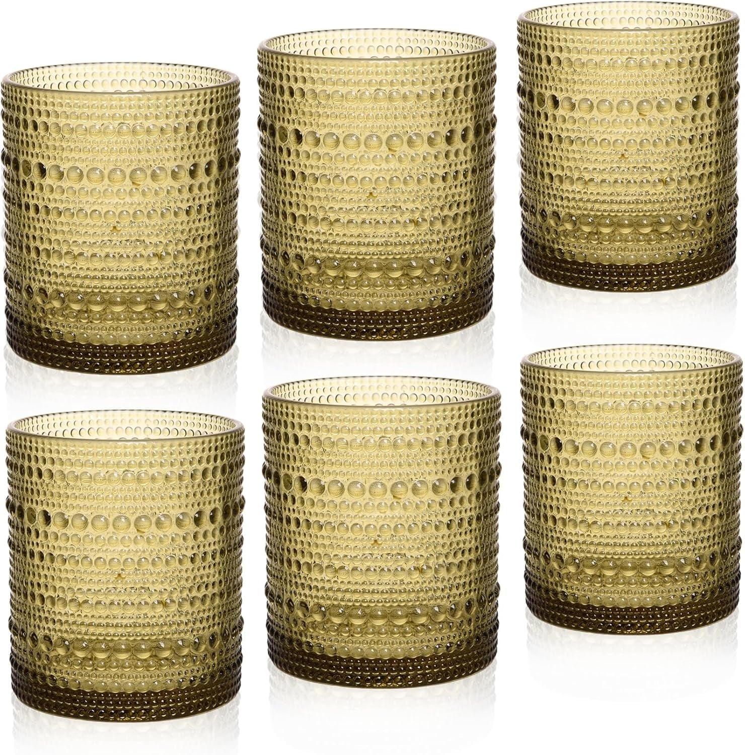 KitchenKey Cocktail Glasses 10 oz Hobnail Drinking Glasses Set of 6, Vintage Glassware, Textured Glass Cups Bubble Glasses Water Glasses Old Fashion Jupiter Glasses Set, Green