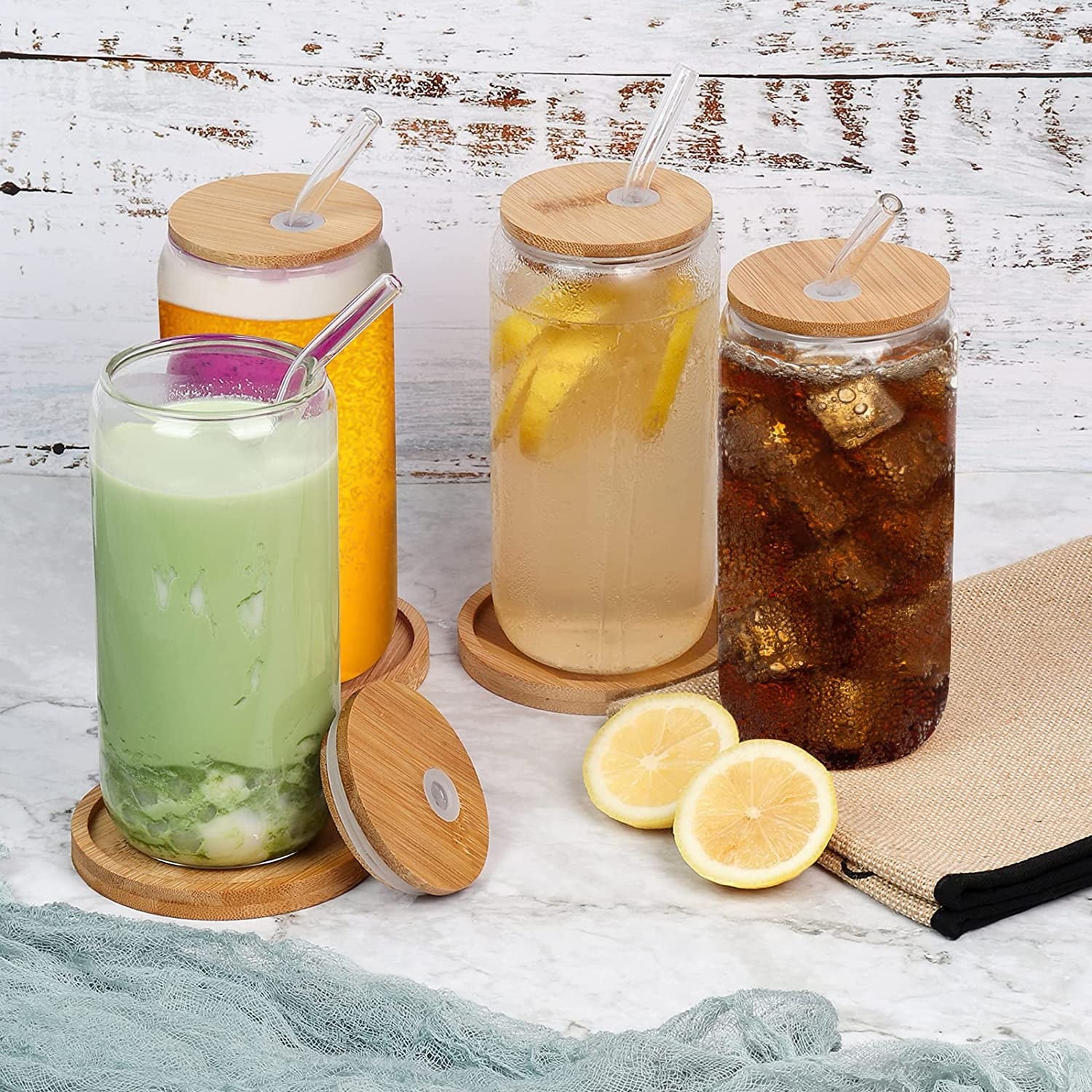 AYAOQIANG 8pcs Glass Cups with Bamboo Lids and Glass Straws, 16oz Drinking Glasses Can Shaped Glass Cups, Beer Glasses, Iced Coffee Glasses with 2 Cleaning Brushes