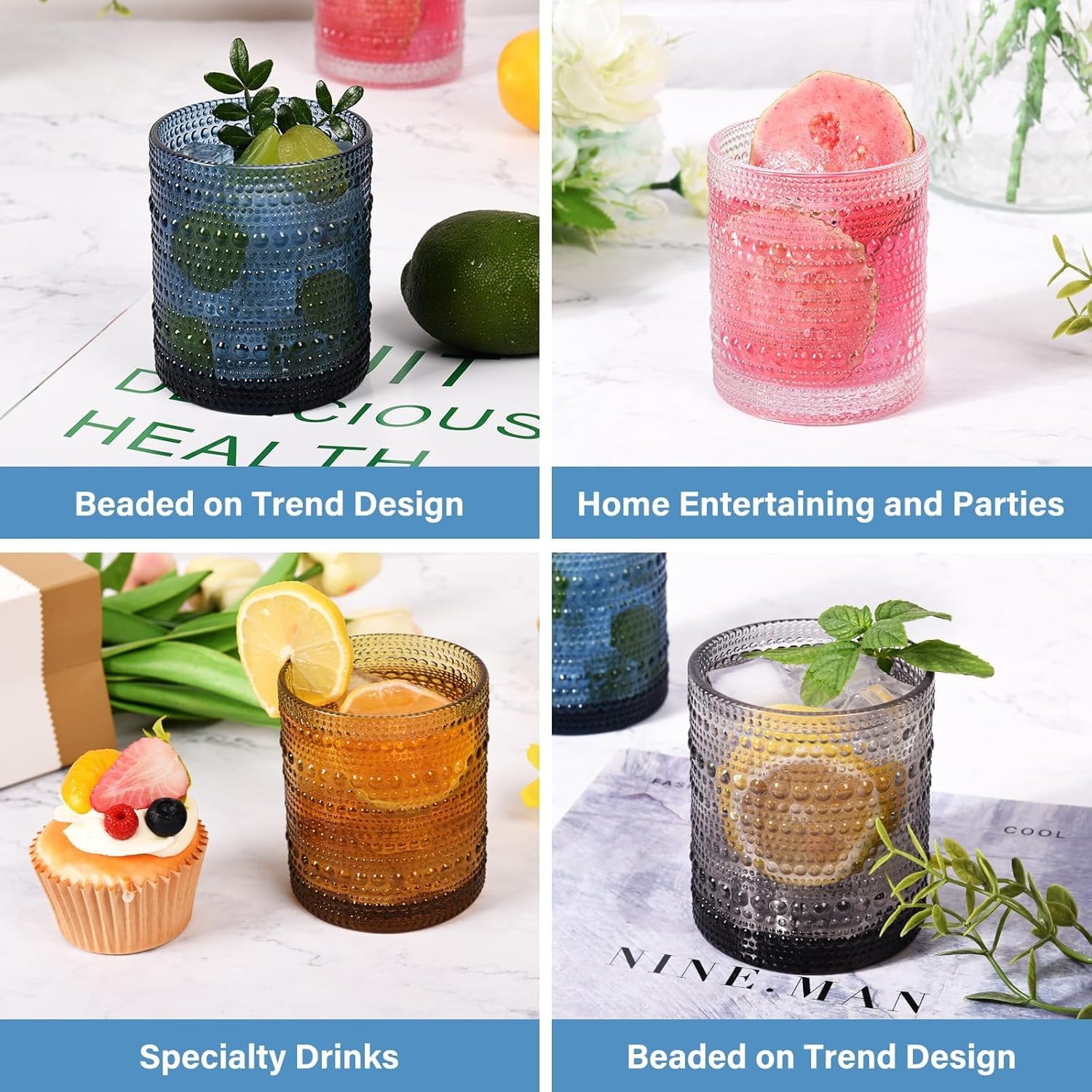 KitchenKey Cocktail Glasses 10 oz Hobnail Drinking Glasses Set of 6, Vintage Glassware, Textured Glass Cups Bubble Glasses Water Glasses Old Fashion Jupiter Glasses Set, Green