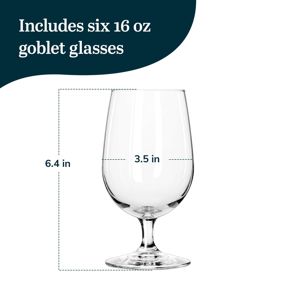 Libbey Entertaining Essentials Stemmed Water Glasses, Clear Multi-Purpose Water Goblet Set of 6, Dishwasher Safe 16 oz Goblet Glasses for Parties