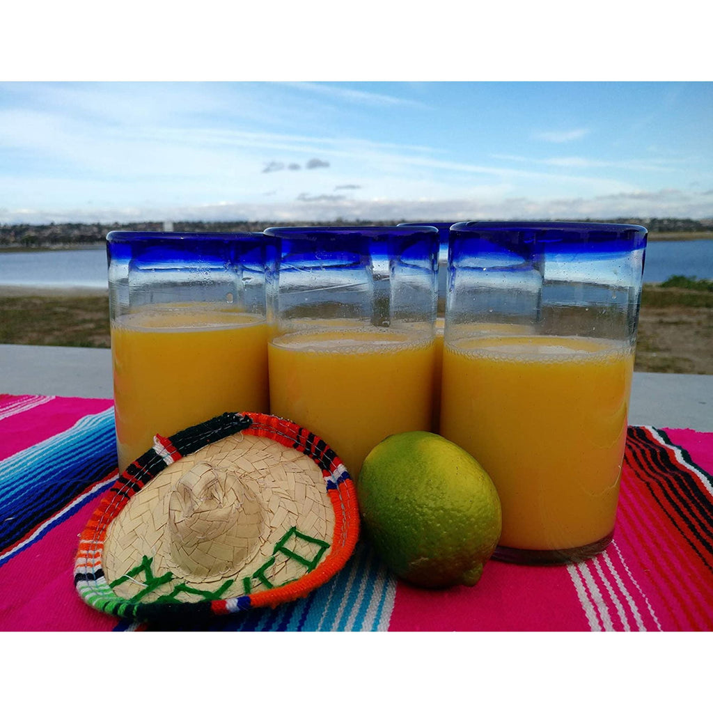 Hand Blown Drinking Glasses – Set of 6 Glasses with Cobalt Blue Rims 14 oz.