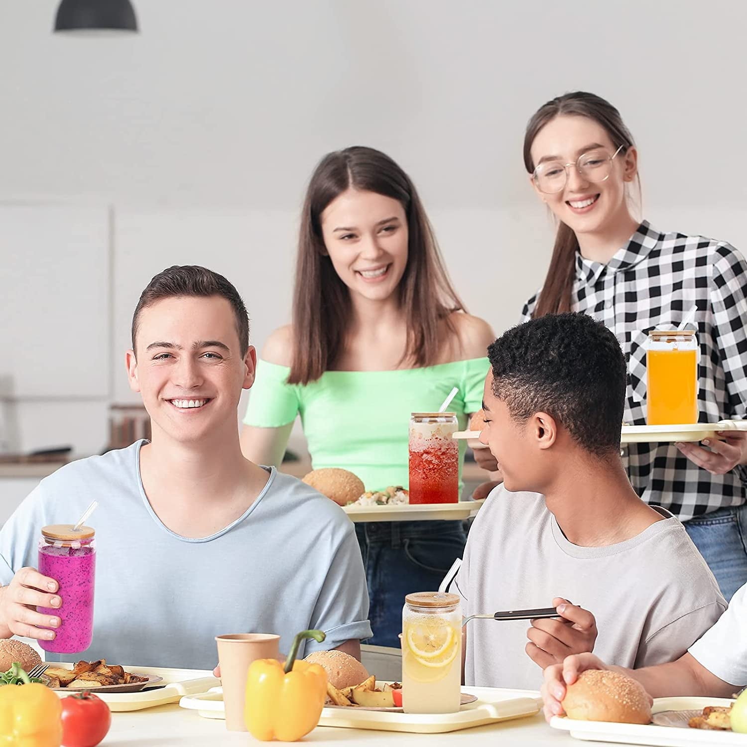 AYAOQIANG 8pcs Glass Cups with Bamboo Lids and Glass Straws, 16oz Drinking Glasses Can Shaped Glass Cups, Beer Glasses, Iced Coffee Glasses with 2 Cleaning Brushes