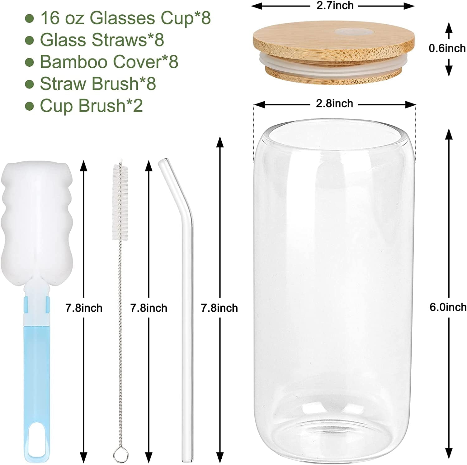 AYAOQIANG 8pcs Glass Cups with Bamboo Lids and Glass Straws, 16oz Drinking Glasses Can Shaped Glass Cups, Beer Glasses, Iced Coffee Glasses with 2 Cleaning Brushes
