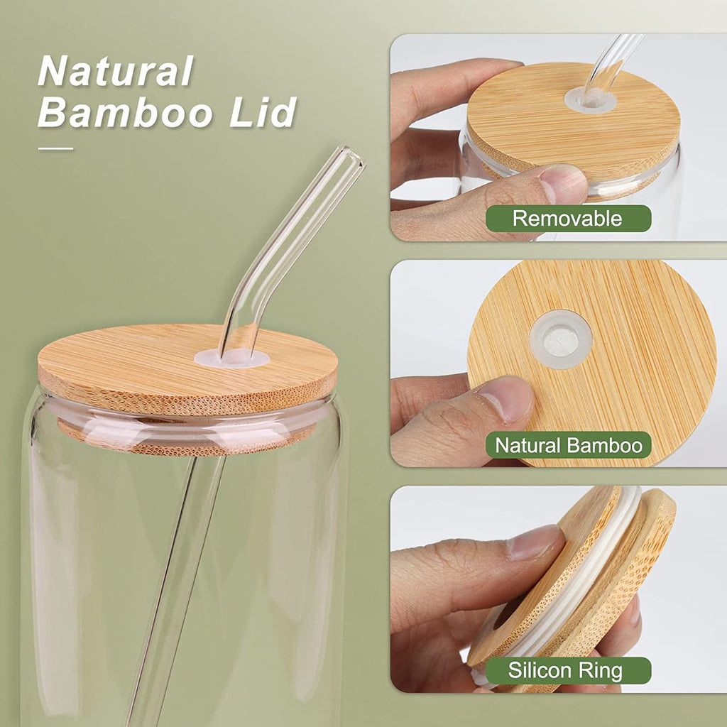 AYAOQIANG 8pcs Glass Cups with Bamboo Lids and Glass Straws, 16oz Drinking Glasses Can Shaped Glass Cups, Beer Glasses, Iced Coffee Glasses with 2 Cleaning Brushes